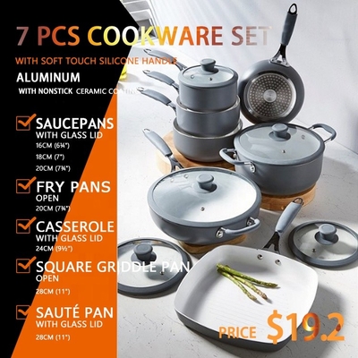 Batterie de cuisine en aluminium extensible de 7 pièces avec revêtement en céramique et poêle à frire antiadhésive
